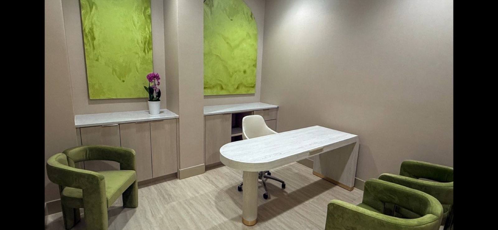 A private consultation office in marble and living green.